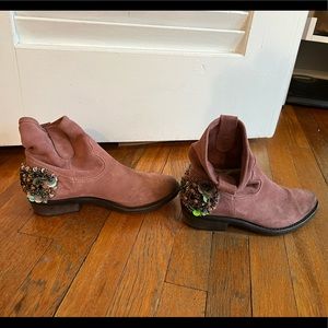Pink leather booties with gems on heel. Size 6.